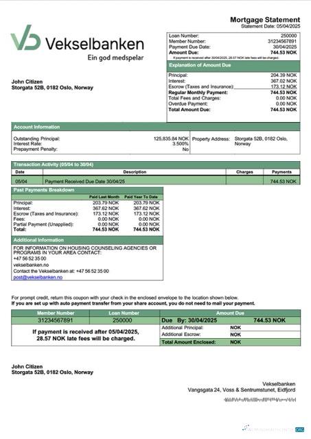 Download Norway Vekselbanken mortgage statement Word and PDF template Photoshop template